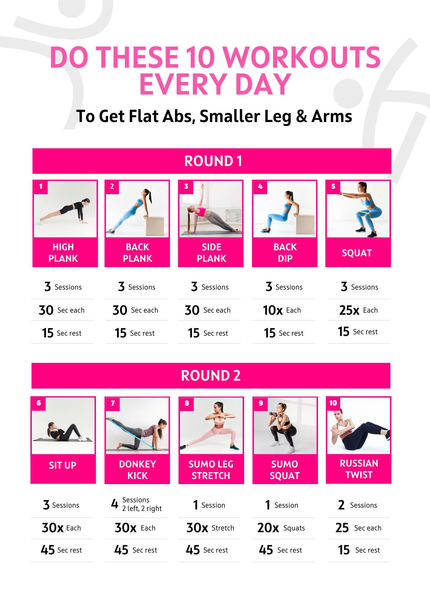 10 Minute Daily Workout Printable | Flat Abs Workout | at Home Workout ...
