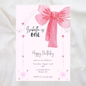 Pink Bow 1st Birthday Invitation, Cute Coquette Bow Party Invite, First Birthday, Editable Printable Template, Canva Template, Girl Birthday
