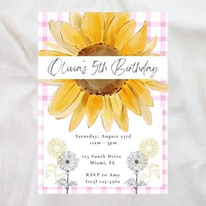 Sunflower 5th Birthday Invitation, Sunflower Party Birthday Invite, Editable Printable Template, Canva Template, Girl Birthday