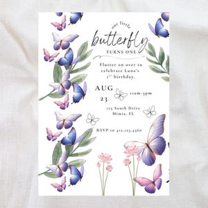 Our little butterfly turns ONE, 1st Birthday Invitation, Butterfly First Birthday Invite, Editable Printable Template, Canva Template