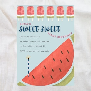 Watermelon First Birthday Invitation, Watermelon Birthday Invite, Editable Printable Template, Canva Template, Girl Boy Birthday