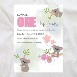 Koala Bear 1st Birthday Invitation, Cute Koala Bear Birthday Invite, Editable Printable Template, Canva Template, Girl Birthday