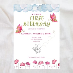 Butterfly 1st Birthday Invitation, Butterfly Watercolor First Birthday Invite, Editable Printable Template, Canva Template, Girl Birthday