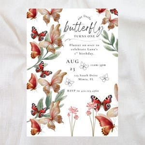 Our little butterfly turns ONE, 1st Birthday Invitation, Butterfly First Birthday Invite, Editable Printable Template, Canva Template