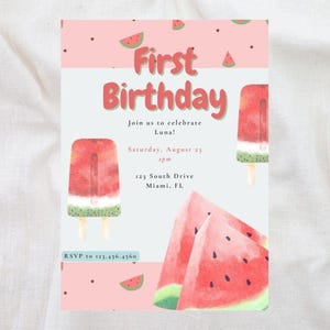 Watermelon First Birthday Invitation, Watermelon Birthday Invite, Editable Printable Template, Canva Template, Girl Birthday