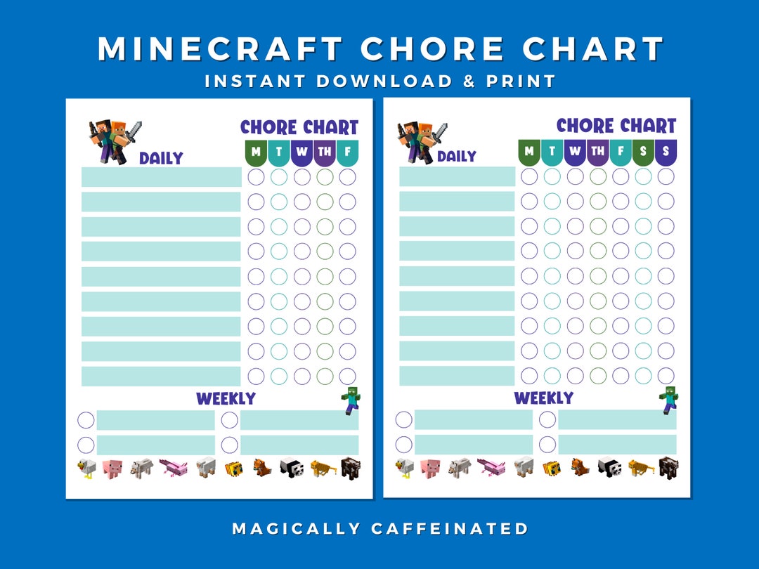 Minecraft Chore Chart Kids Summer Responsibility List Boys Printable ...