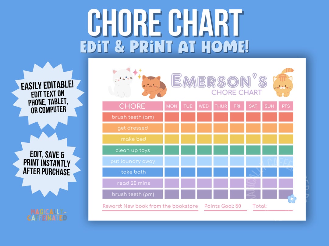 Editable &amp; Printable Chore Chart Girls Chore Chart Daily - Etsy