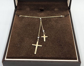 14k Yellow Gold Double Cross Lariat Necklace, Jared Brand, 18-20"