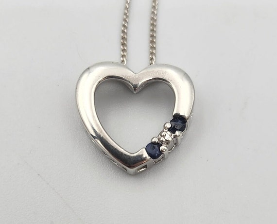 Sterling Silver Sapphire & Diamond Heart Necklace - image 1