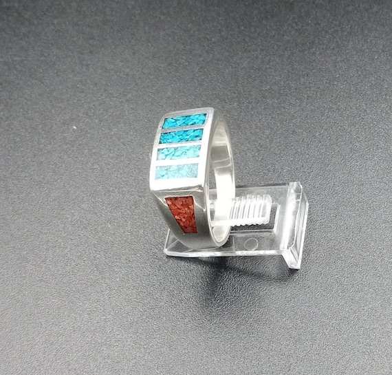 sterling silver turquoise & coral ring - image 4