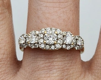 14k Yellow Gold Five Diamond Halo Ring, Size 8.25