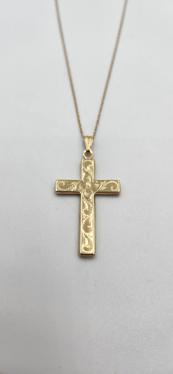 Yellow Gold Floral Hollow Cross Necklace, 18" - image 3