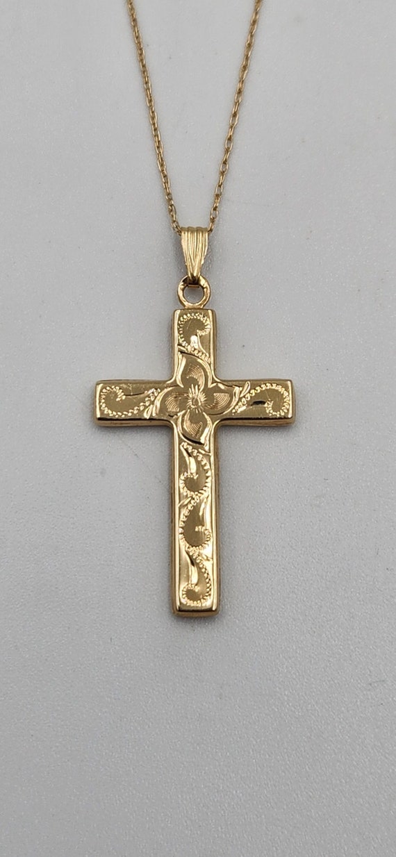 Yellow Gold Floral Hollow Cross Necklace, 18" - image 1
