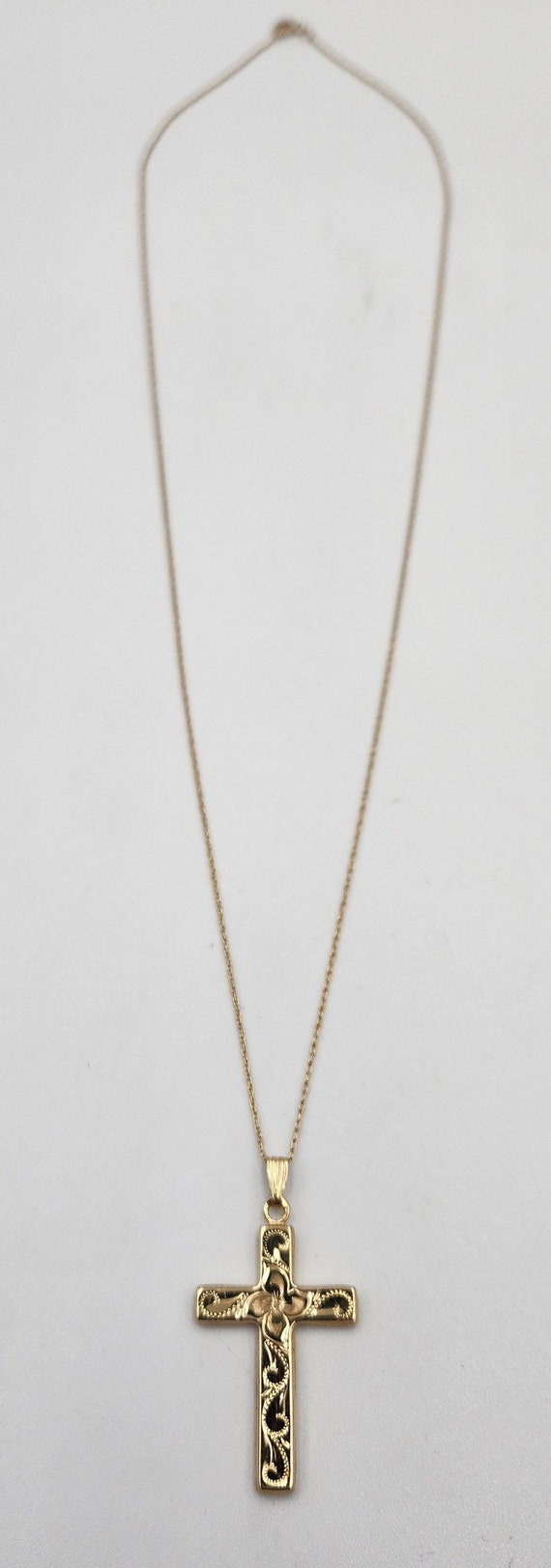 Yellow Gold Floral Hollow Cross Necklace, 18" - image 2