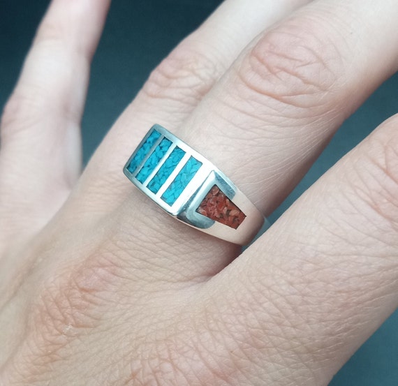 sterling silver turquoise & coral ring - image 2