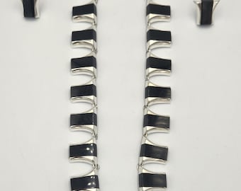 Vintage Sterling Silver Taxco Onyx Necklace & Earrings