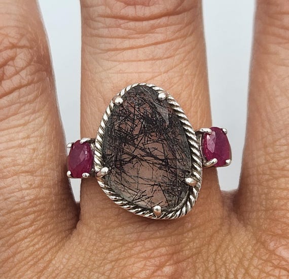 Sterling Silver Rutilated Quartz & Ruby Ring, Siz… - image 1