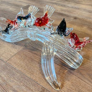 Artas Murano Six Birds On A Branch Hand Blown Glass Sculpture, Red & Dark Blue