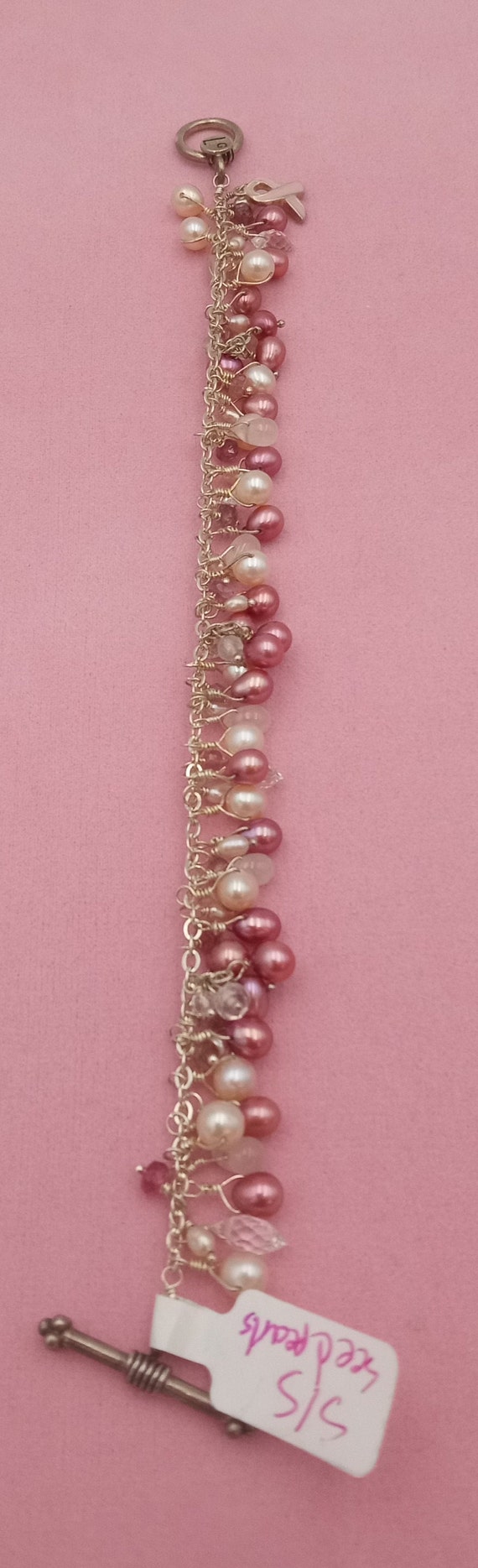 Pink Seed Pearl & Glass Bead Cancer Sterling Silve