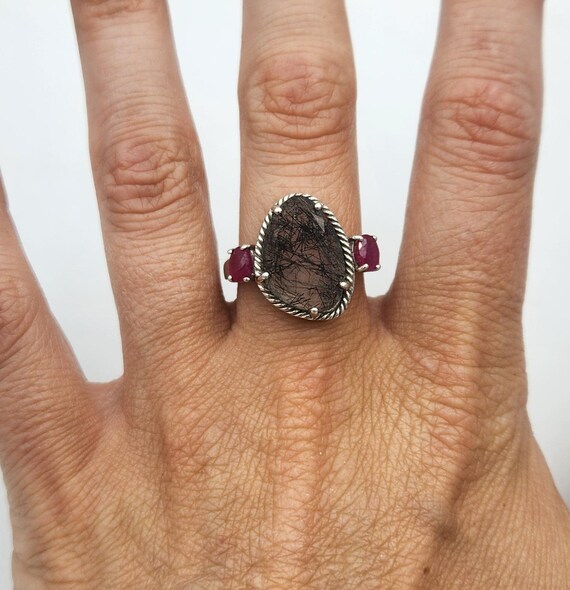 Sterling Silver Rutilated Quartz & Ruby Ring, Siz… - image 2