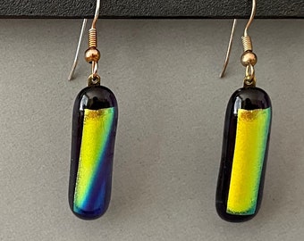 Dichroic fused glass earrings, gold/blue dangles