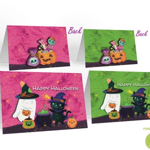 Modifiable 2 fantômes d'Halloween design différent et carte de correspondance de chat noir, carte de remerciement effrayant Happy Halloween, imprimable numérique
