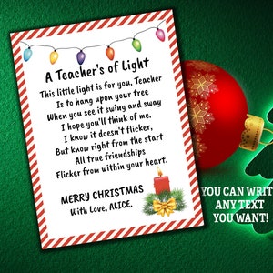 Bearbeitbar - Personalisiert Ein Lehrer des Lichts Karte und Ornamente, Ein Lehrer des Lichts Geschenkanhänger, Weihnachtsgedicht, digitale druckbare Vorlage