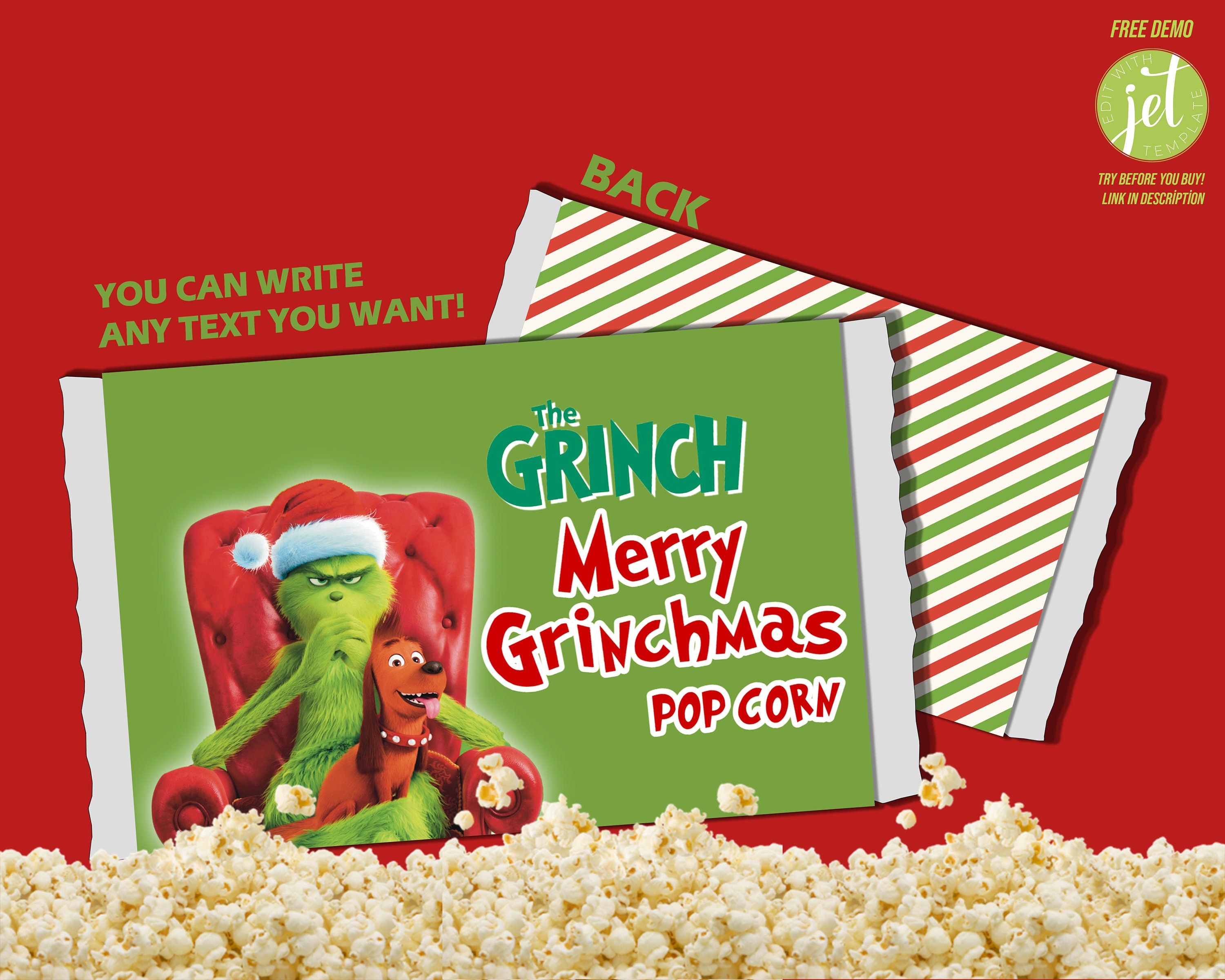 Editable Christmas Microwave Popcorn Wrappers, Favor Bags