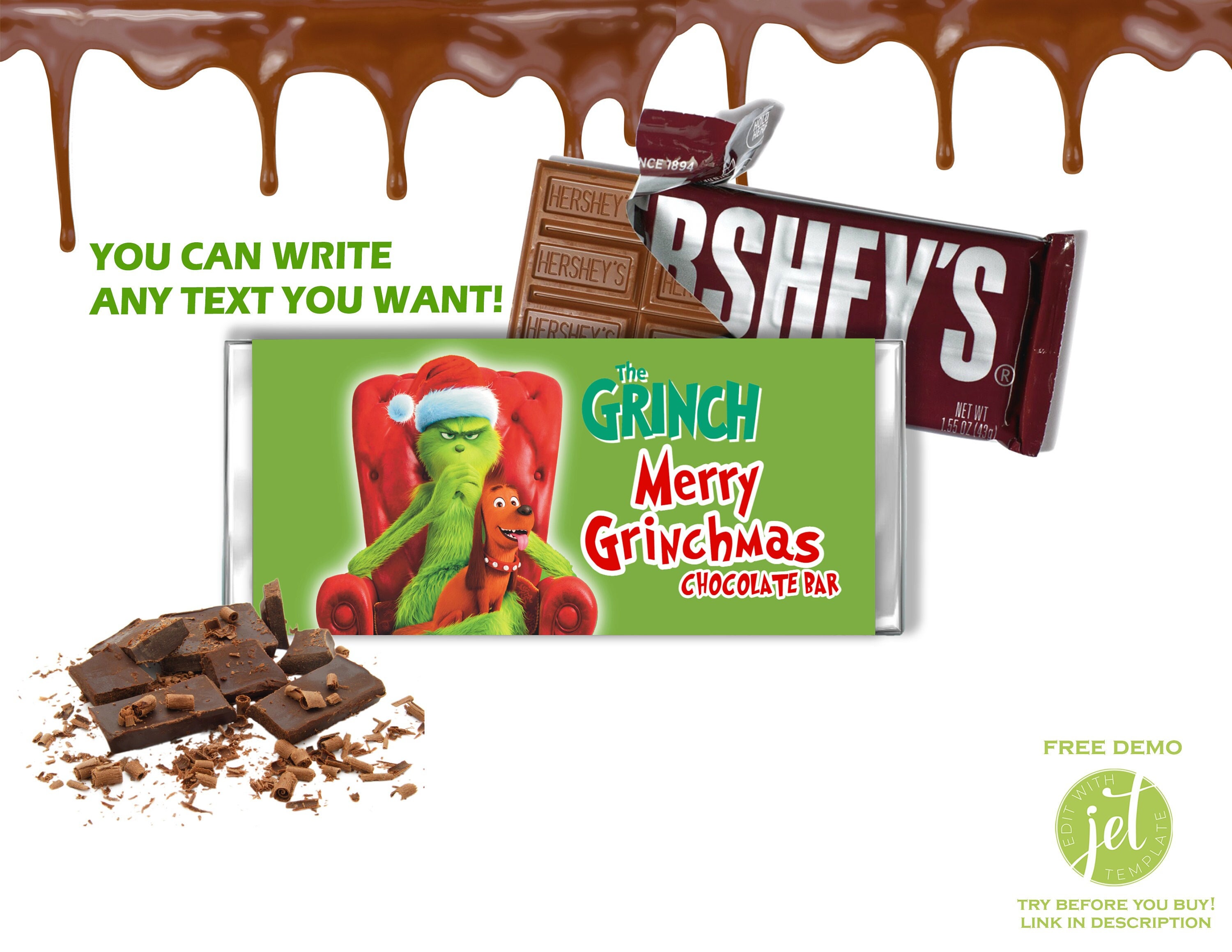 Editable Christmas Grinch Hershey Chocolate Bar Wrapper, XMAS Chocolate