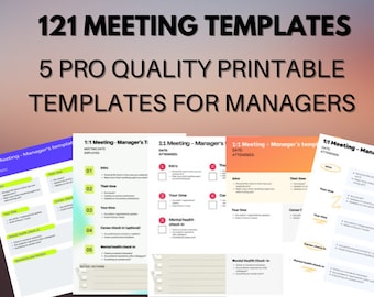 Può includere: Cinque modelli di riunione individuale stampabili per i manager. Ogni modello include sezioni per l'introduzione, il loro tempo, il tuo tempo, il controllo della carriera e il controllo della salute mentale. I modelli sono progettati per aiutare i manager ad avere riunioni produttive ed efficaci con i loro dipendenti.