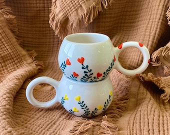 Juego de tazas de cerámica con corazones florales hechos a mano: tazas de té únicas