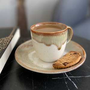 Handmade Glazed Stoneware Coffee Cup and Saucer Set
