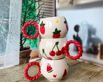Fruit Patterned Ceramic Coffee Mug Set - Watermelon, Cherry, Strawberry - Set of 3