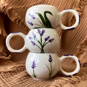 Lavender Ceramic Mug - Lavender Decor Coffee Tea Cup - Hand Paint Flowers Ceramic Cups - Flower Designed Double Espresso Mug Set - 4oz Mugs