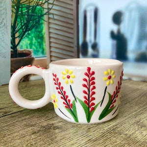 Handmade Ceramic Coffee Mug: Colorful Daisy Floral Cup (3oz)