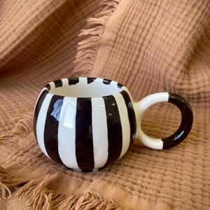 Handmade Striped Ceramic Espresso Mug: Minimalist Black and White Tea Cup (120ml)