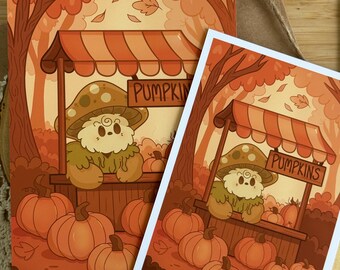 Pumpkin Market Art Print – Autumn Cottagecore Fantasy Wall Art (8x5 or 6x4)