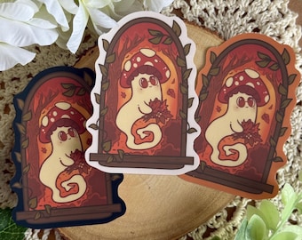 Autumn Window Mushroom Ghost Sticker – Spooky Cute Vinyl Sticker
