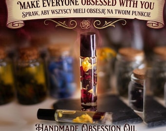 May include: A clear glass roller bottle filled with oil, dried red rose petals, and yellow flower pieces, topped with a black cap. The text reads: MAKE EVERYONE OBSESSED WITH YOU and HANDMADE OBSESSION OIL. A second identical bottle lies horizontally.