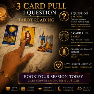 Może przedstawiać: Reklama czytania tarota z trzema kartami: Księżyc, Mag i Szóstka Mieczy. Tekst zawiera 3 CARD PULL, 1 QUESTION, TAROT READING oraz BOOK YOUR SESSION TODAY. Ikony reprezentują miłość, karierę, przeznaczenie, wskazówki oraz jasność.