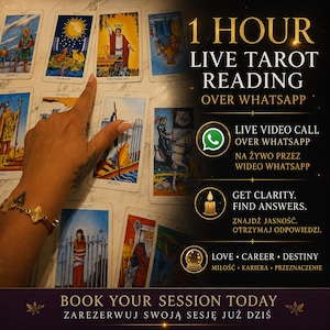Puede incluir: Una colección de cartas de tarot dispuestas sobre una superficie con el texto 1 HOUR LIVE TAROT READING OVER WHATSAPP, LIVE VIDEO CALL OVER WHATSAPP, GET CLARITY. FIND ANSWERS. LOVE, CAREER, DESTINY y BOOK YOUR SESSION TODAY.