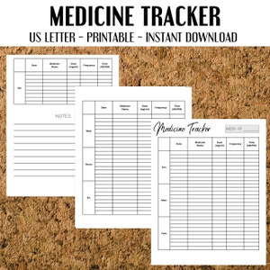 Puede incluir: Seguimiento de medicamentos imprimible con un diseño semanal. El seguimiento incluye columnas para la fecha, el nombre del medicamento, la dosis, la frecuencia y la hora. El seguimiento está diseñado para papel de tamaño US Letter.