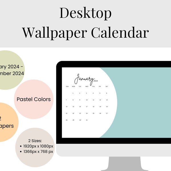 2024 Desktop Wallpaper Kalender | Pastell Hintergrundbilder | Desktop-Hintergrund, Windows, Mac, PC-Kalender | Desktop-Monatskalender