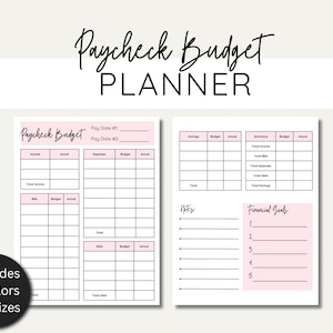 May include: Printable paycheck budget planner with sections for income, expenses, bills, savings, and financial goals. The planner has a pink and white color scheme.