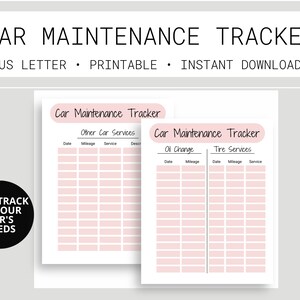 Op de afbeelding: Een printbare auto-onderhouds tracker met secties voor olieverversingen, bandenservice en andere autodiensten. De tracker heeft kolommen voor datum, kilometerstand, service en beschrijving. De tekst "Keep track of your car's needs" staat onderaan de pagina.