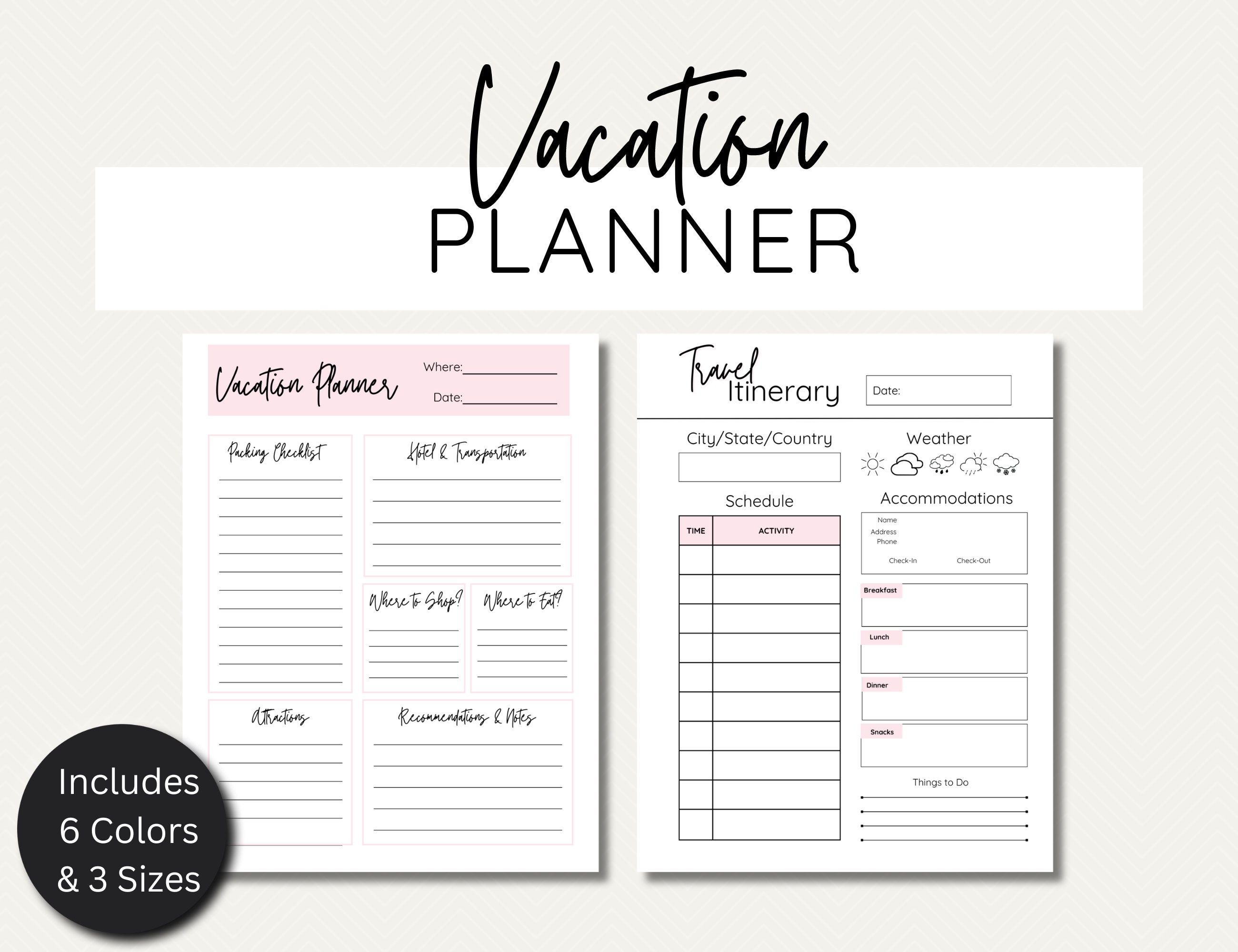 Vacation Planner Printable: Travel Itinerary, Packing Lists (US Letter ...