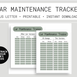Puede incluir: Un rastreador de mantenimiento de automóviles imprimible con secciones para cambios de aceite, servicios de neumáticos y otros servicios de automóviles. El rastreador tiene un esquema de color verde y blanco e incluye columnas para la fecha, el kilometraje y el servicio.