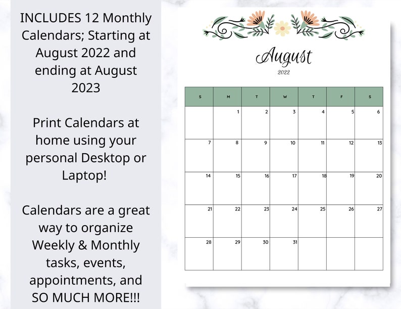 2022-2023 Calendar August 2022 August 2023 Calendar - Etsy