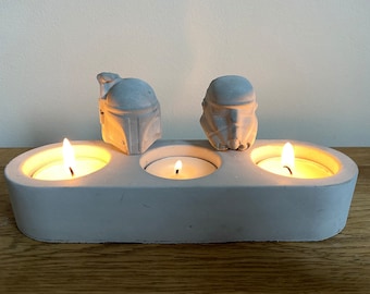 Star Wars concrete tea light candle holder. Featuring Darth Vader, stormtrooper and Boba Fett