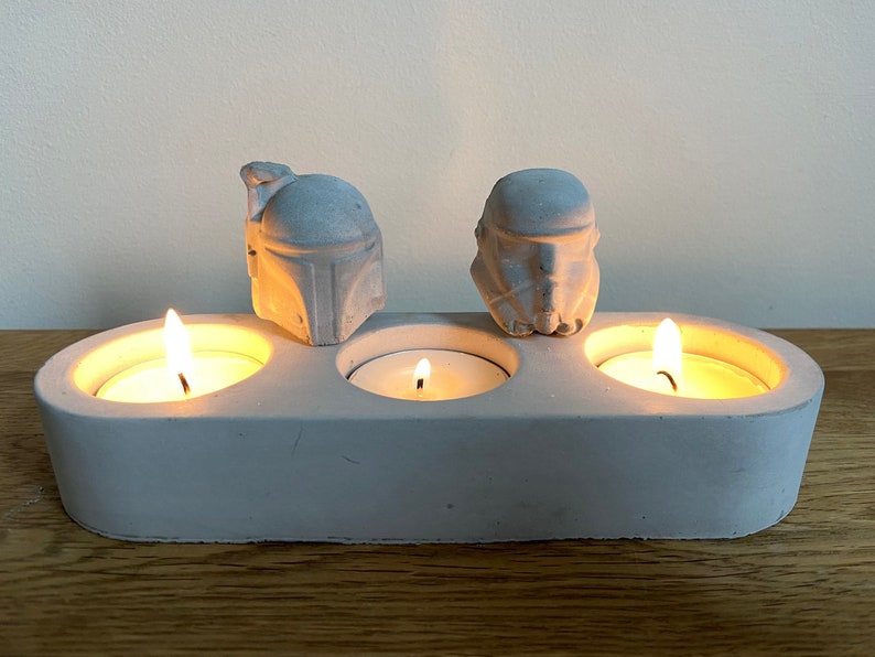 Star Wars concrete tea light candle holder. Featuring Darth Vader, stormtrooper and Boba Fett image 1